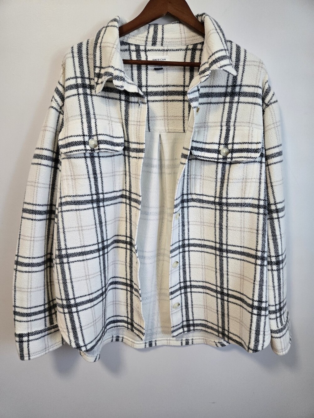 American Eagle Outfitters Women's Cream Black Plaid Shacket